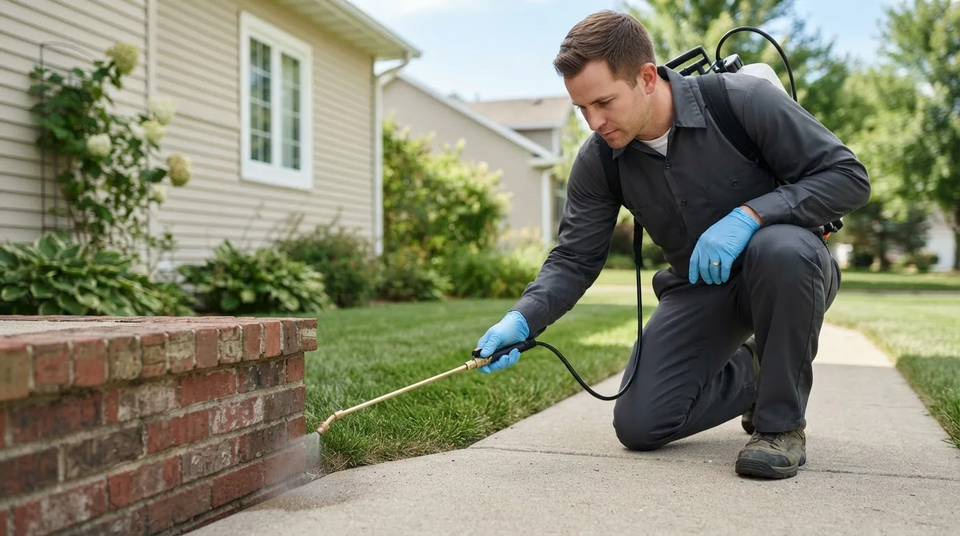 Pest control technician treating a home near Lake City, SD